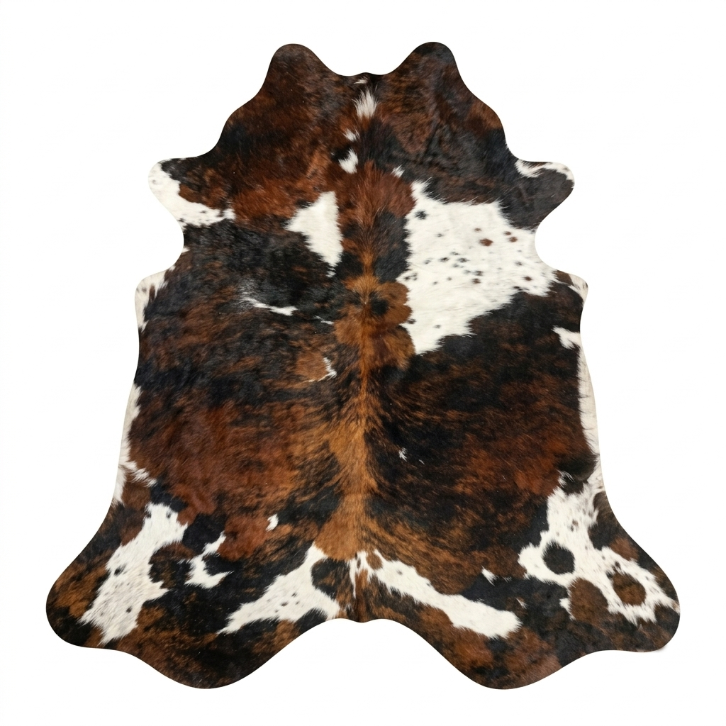 Brown, black, and white cowhide rug on a white background