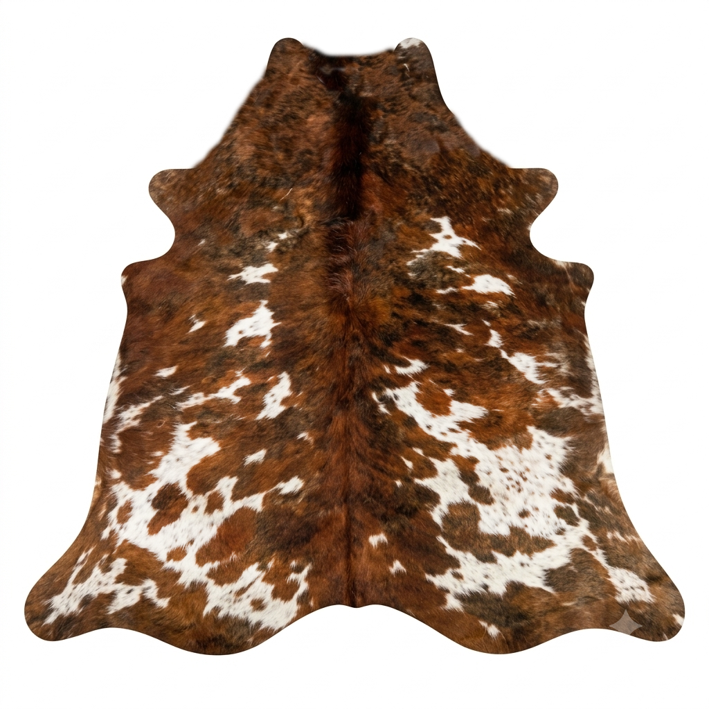 Brown and white cowhide rug on a white background