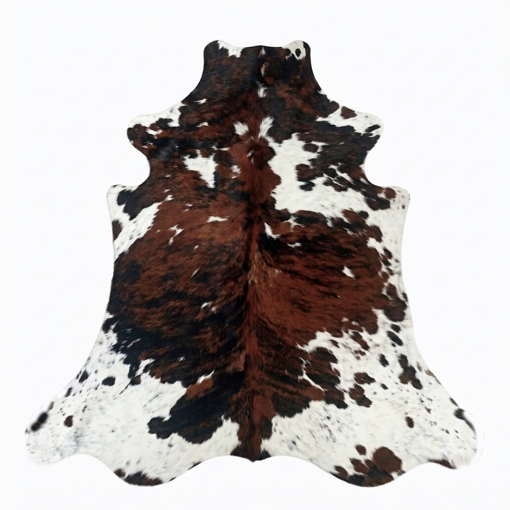 Cowhide rug with brown, black, and white pattern on a white background