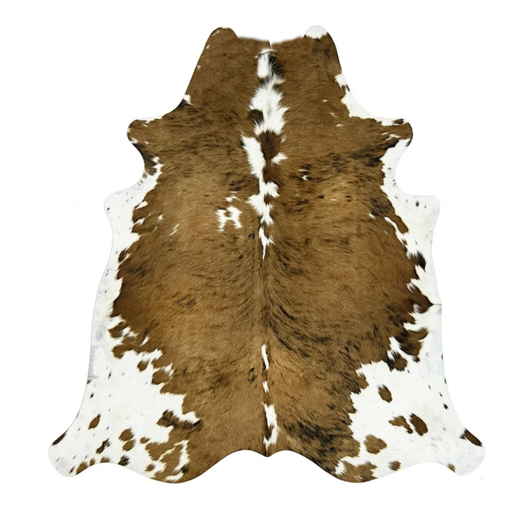 Brown and white cowhide rug on a white background