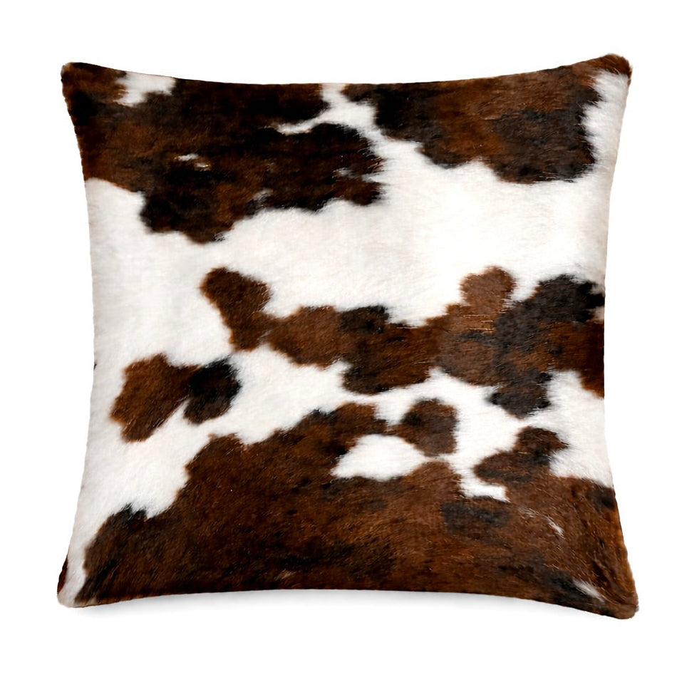 Cowhide cushion with suede reverse, 49cm by 49cm, natural cowhide pattern and soft suede backing.