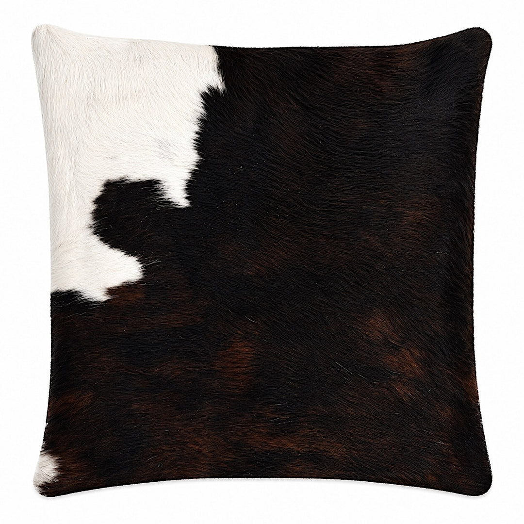 Cowhide cushion with suedette reverse, 49cm x 49cm, by Cowhide Rugs London, showcasing a textured cowhide front and soft suede back.