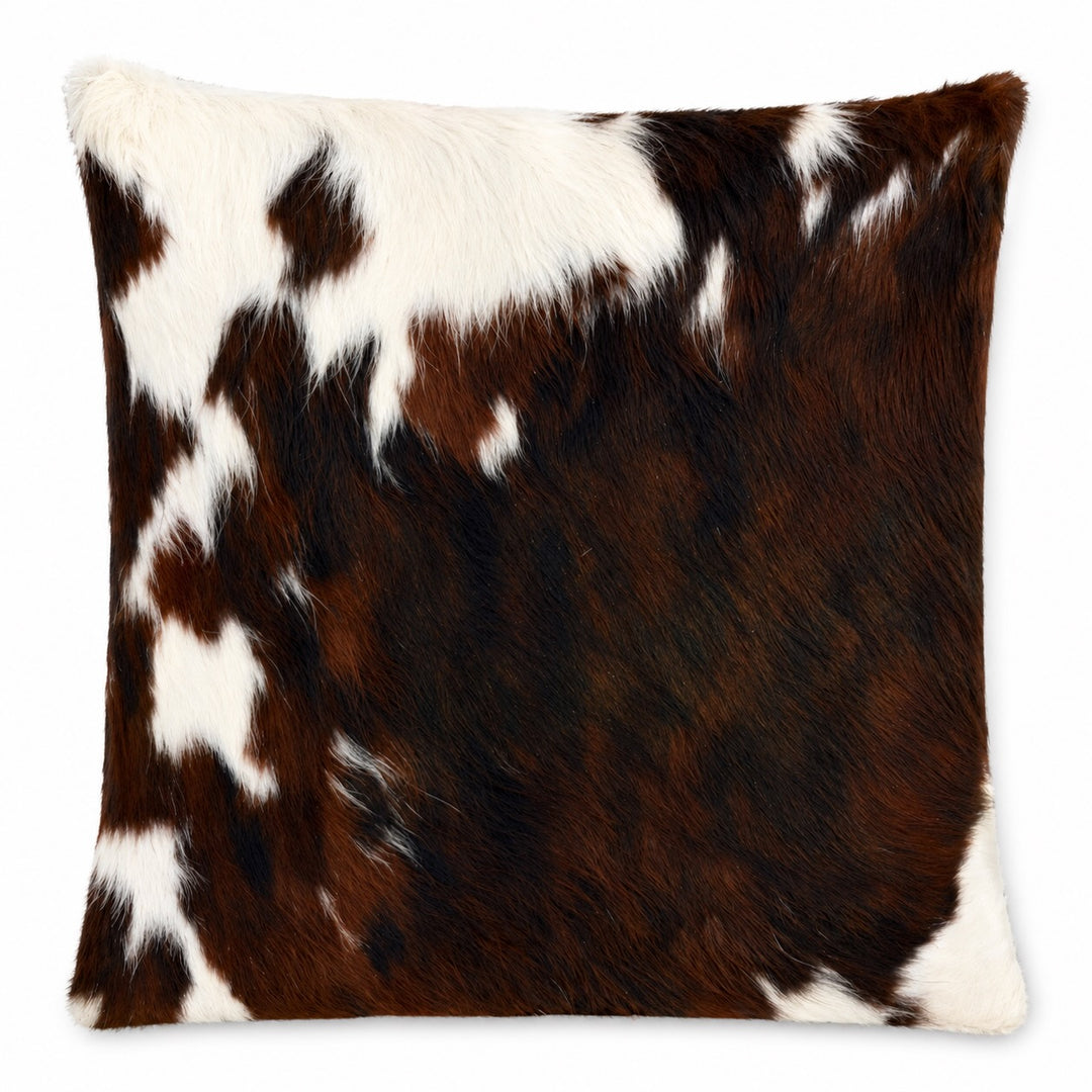 Cowhide cushion with suede reverse, 49cm x 49cm, by Cowhide Rugs London, featuring natural cowhide and soft suede texture.