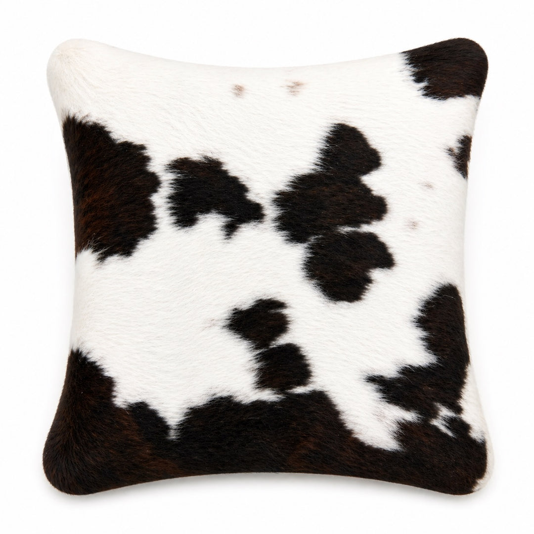 Cowhide cushion from Cowhide Rugs London, 49cm x 49cm, with a cowhide front and suedette reverse in natural tones.