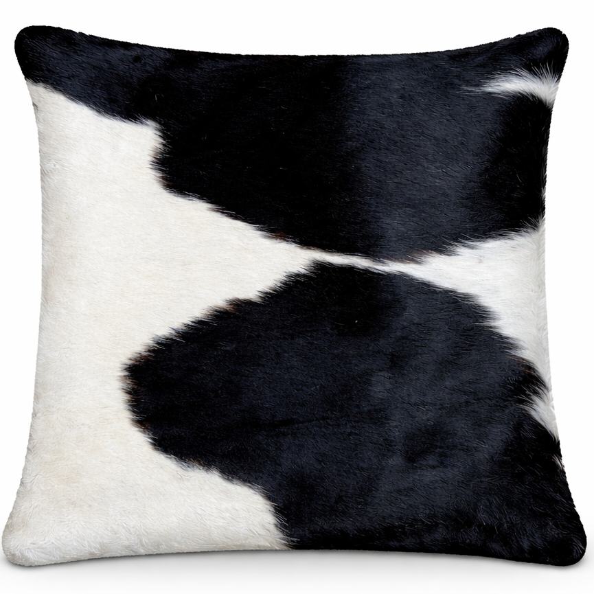Cowhide cushion with reverse Suedette fabric, 39cm x 39cm, showcasing natural cowhide pattern and soft textured surface.