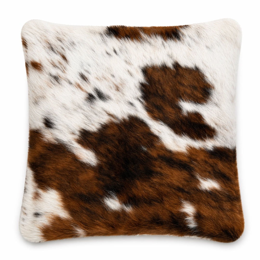 Cowhide cushion from Cowhide Rugs London, 39cm x 39cm, with natural cowhide pattern on both sides.