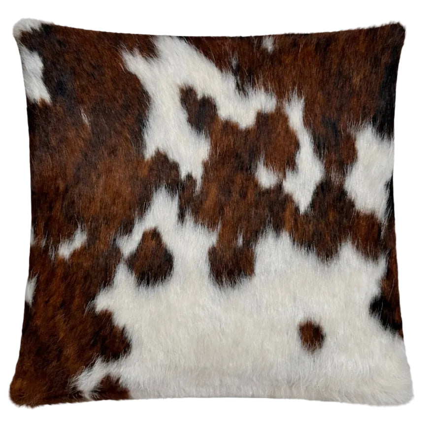 Cowhide cushion with reverse Suedette fabric, 39cm by 39cm, natural animal print and soft texture, ideal for stylish home decor.