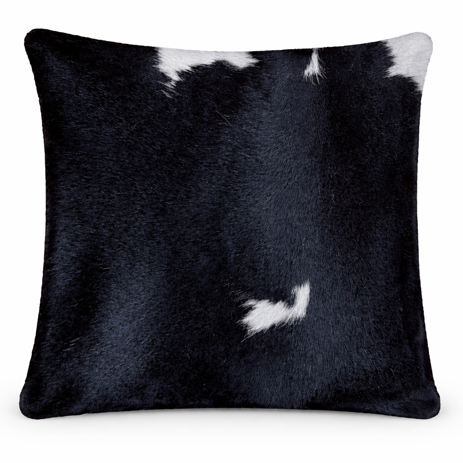 Cowhide cushion with reverse Suedette fabric, 39cm x 39cm, featuring natural cowhide pattern and soft suede texture.