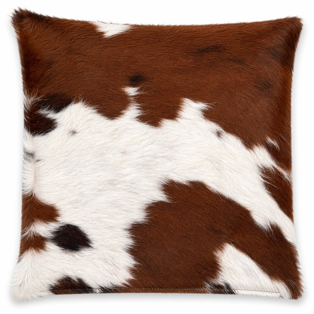 Cowhide cushion from Cowhide Rugs London, 38cm x 39cm, featuring natural cowhide with a distinctive pattern and soft texture.