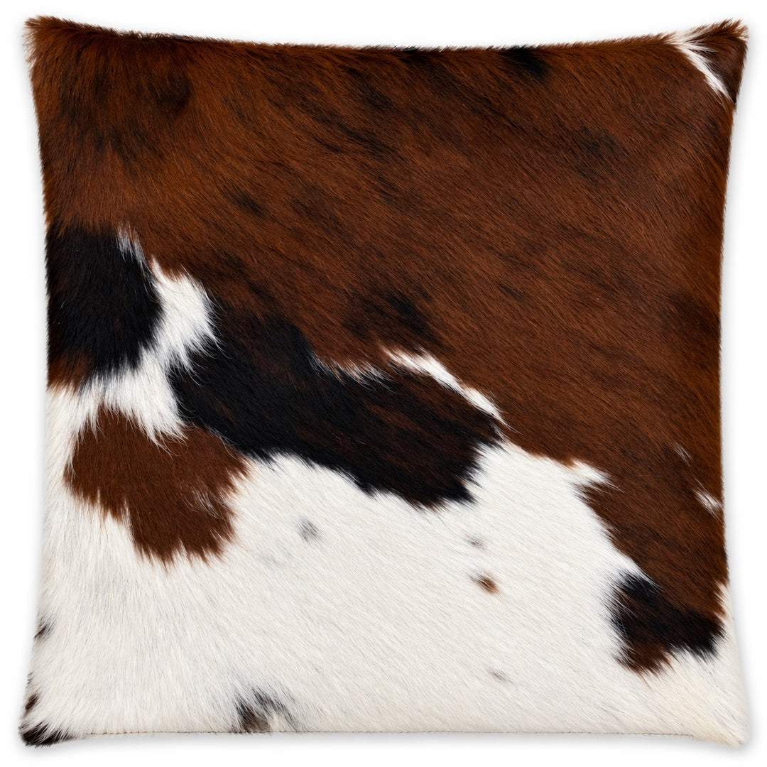 Cowhide Cushion by Cowhide Rugs London, 39cm x 39cm, natural brown and white cowhide with a soft, textured surface.