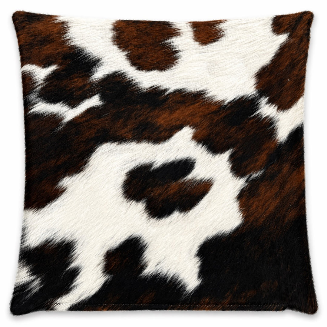 Cowhide cushion by Cowhide Rugs London, 46cm x 39cm, with natural cowhide pattern on both sides.