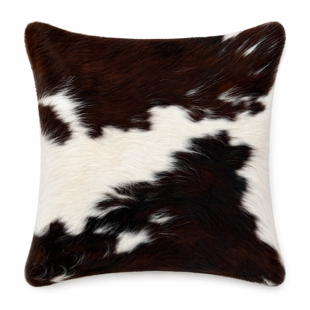 Cowhide cushion from Cowhide Rugs London, 39cm x 39cm, featuring natural cowhide with both sides visible.