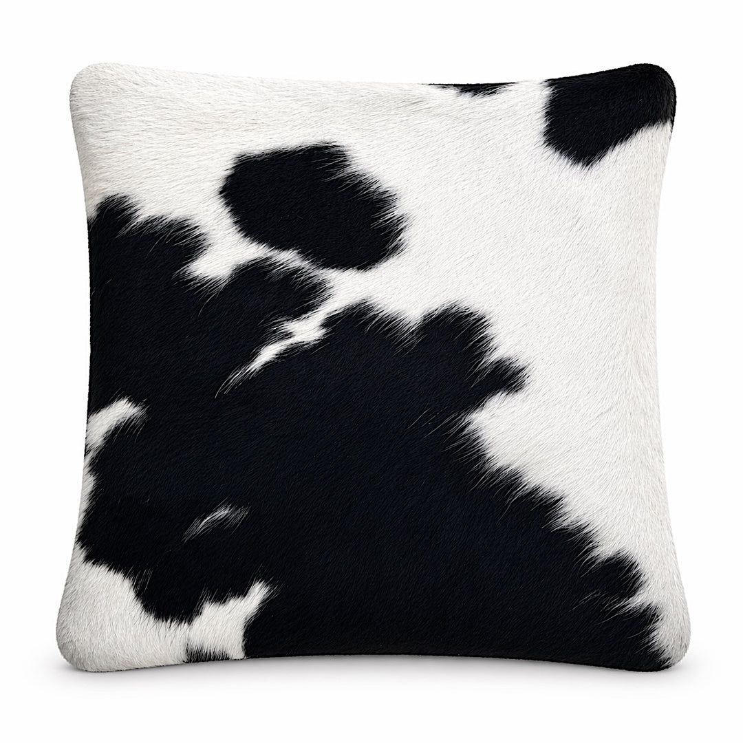 Cowhide cushion with suede reverse, 49cm x 49cm, by Cowhide Rugs London, featuring a natural cowhide pattern and soft suede backing.