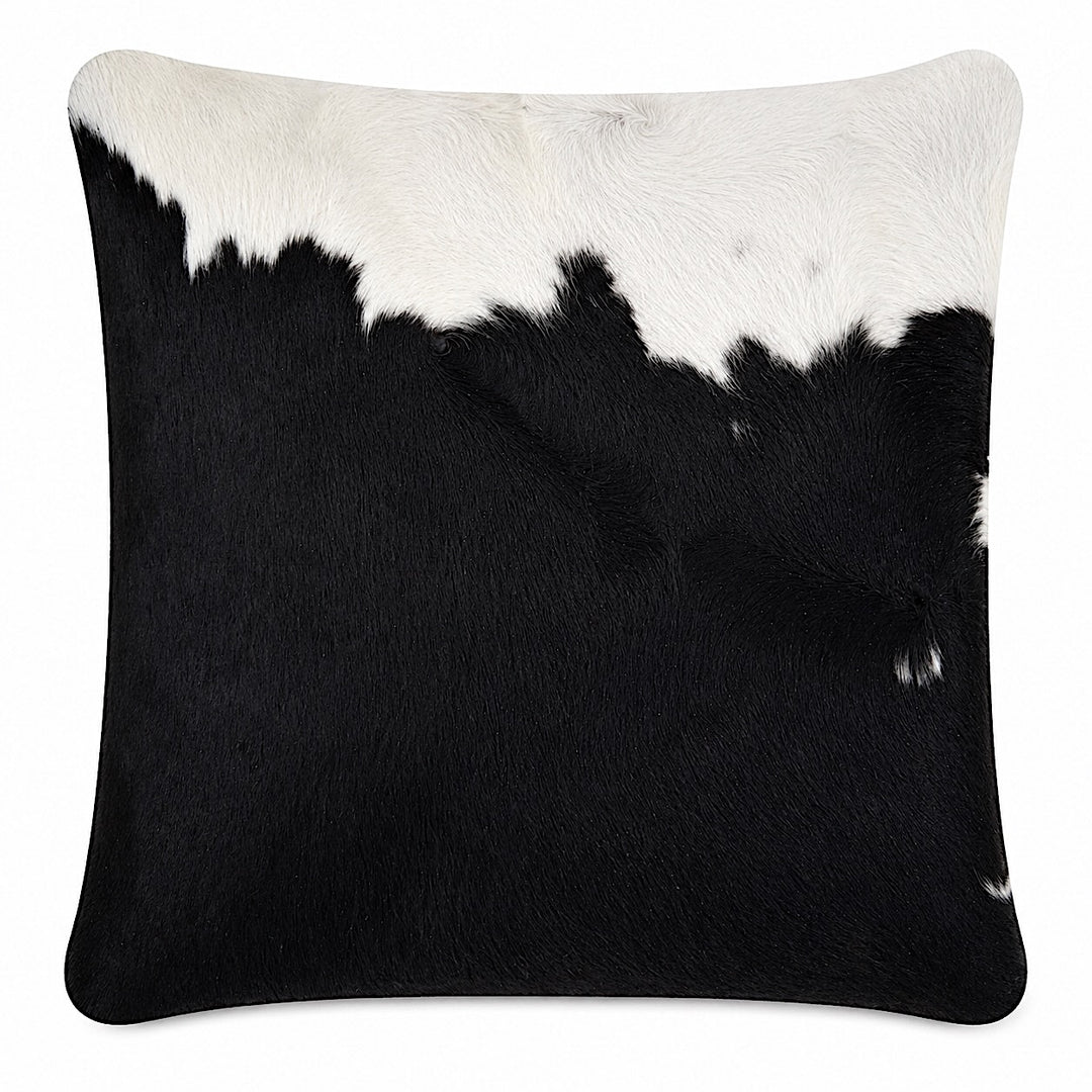 Cowhide cushion with suede reverse, 49cm x 49cm, by Cowhide Rugs London, featuring natural cowhide texture and soft suede backing.