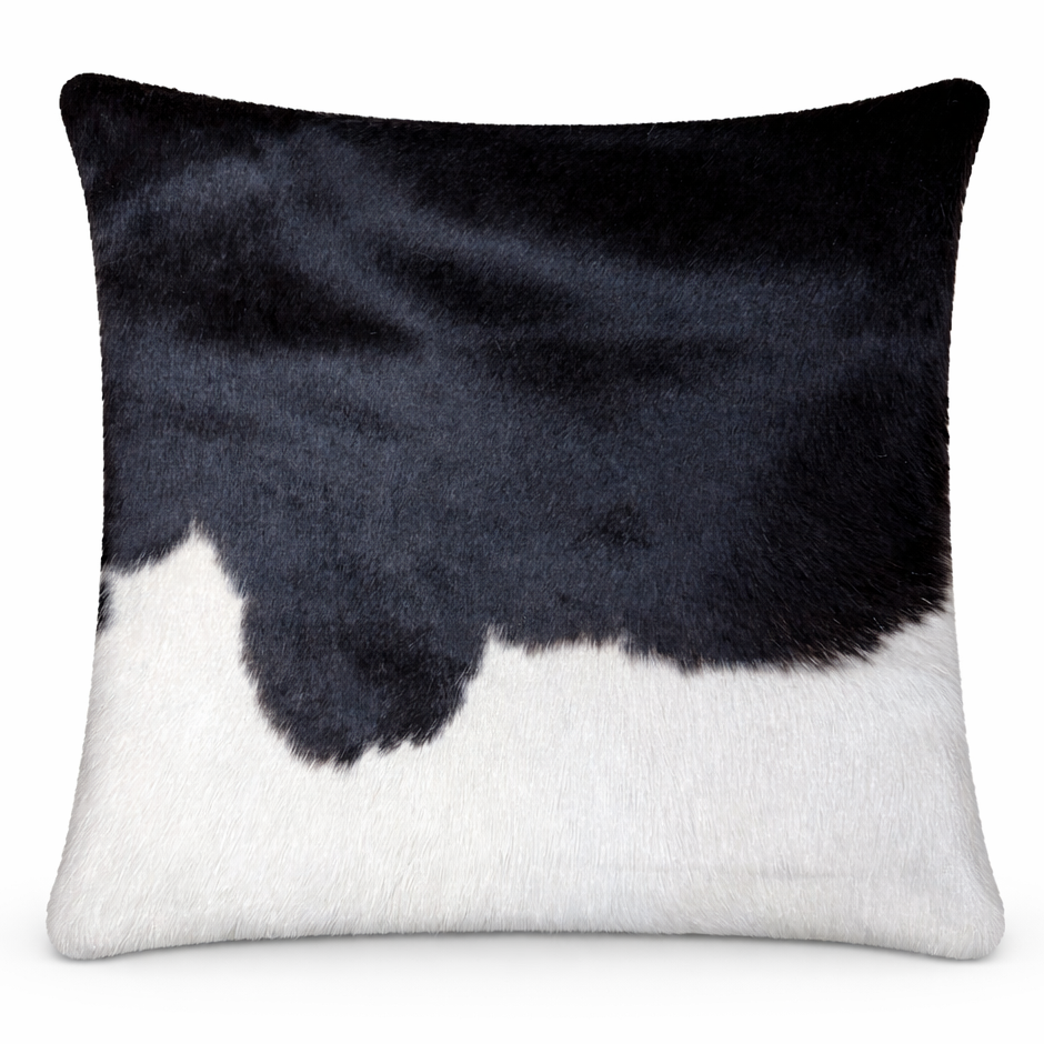 Cowhide cushion with reverse Suedette in a 39cm x 39cm square, natural cowhide pattern and texture.