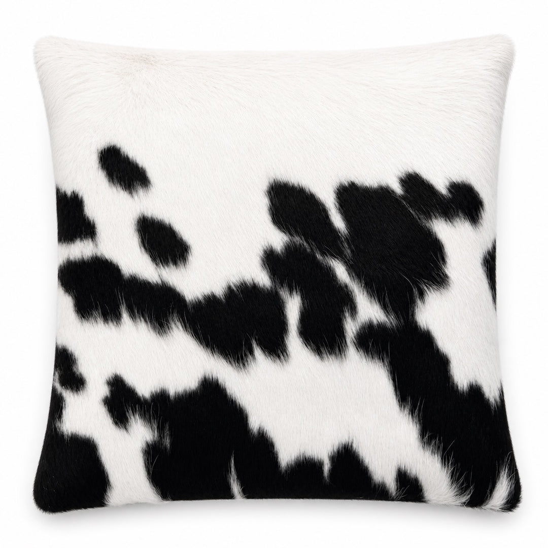 Cowhide cushion with suede reverse, 49cm x 49cm, by Cowhide Rugs London, featuring a natural cowhide pattern and soft suede backing.