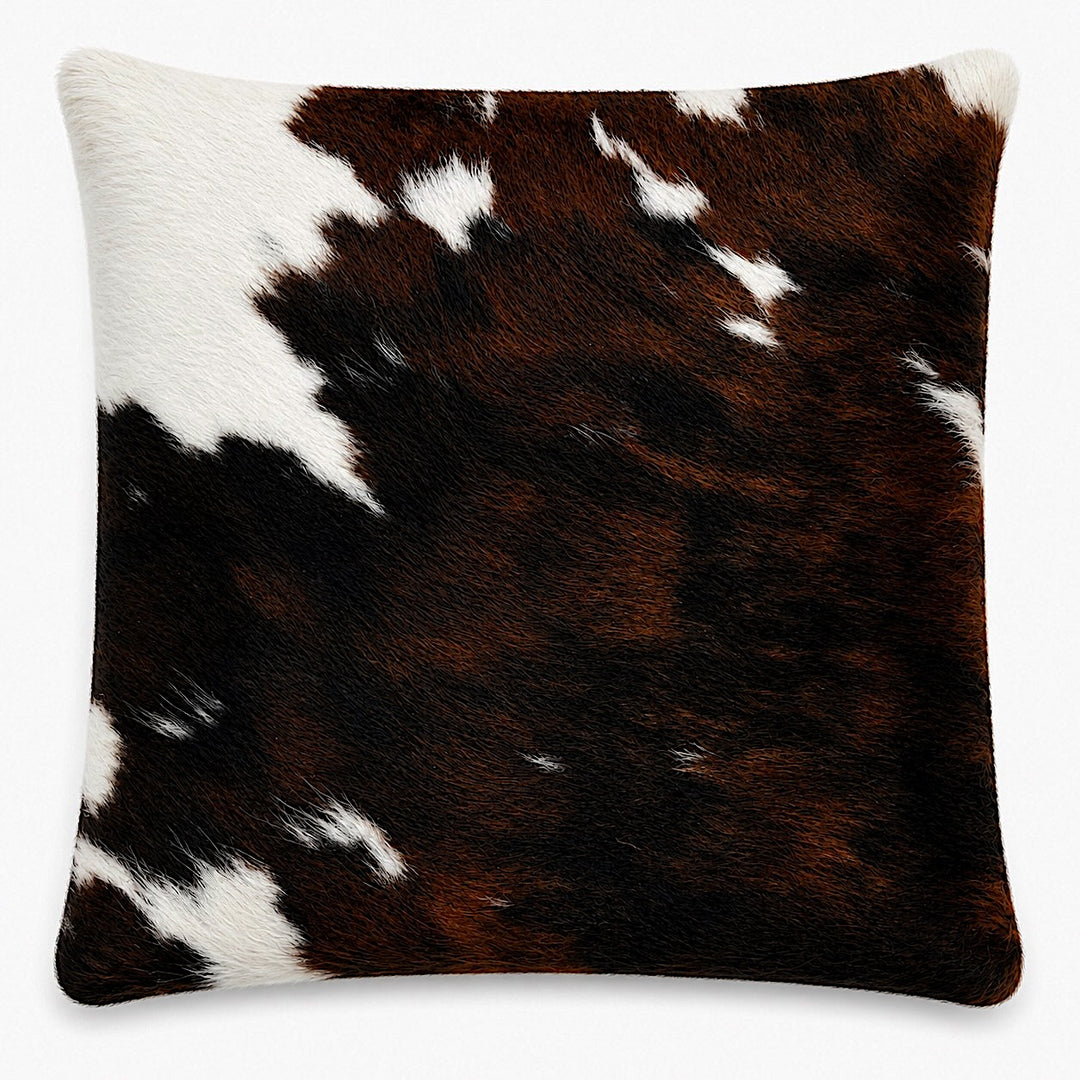 Cowhide cushion with suede reverse, 49cm x 49cm, by Cowhide Rugs London, featuring a natural cowhide pattern and soft suede backing.
