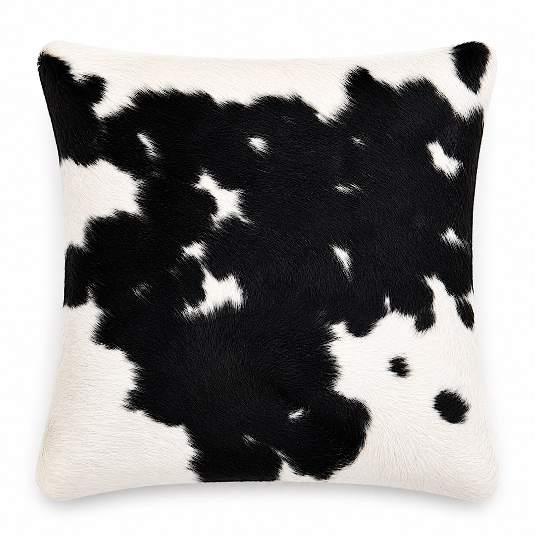 Cowhide cushion with suede reverse, 49cm x 49cm, by Cowhide Rugs London, featuring a natural cowhide and soft suede backing.