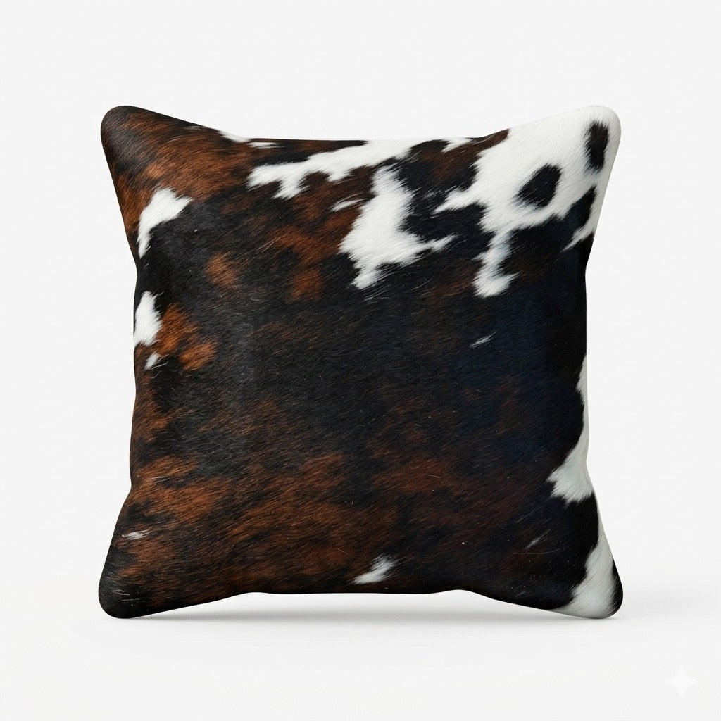 Cowhide cushion with suede reverse, 49cm x 49cm, by Cowhide Rugs London, showcasing natural cowhide pattern and soft fabric back.