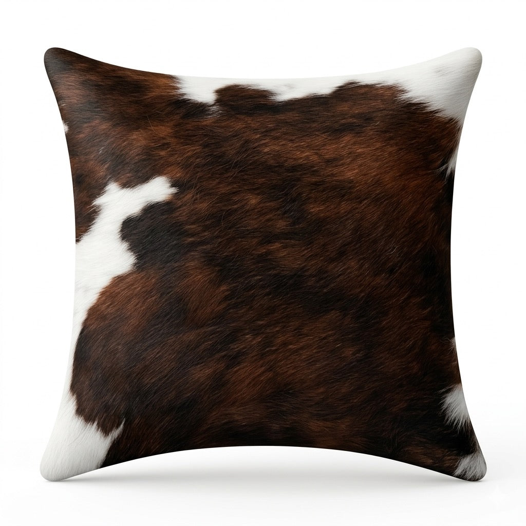 Cowhide cushion with suede reverse, 49cm x 49cm, by Cowhide Rugs London, featuring natural cowhide pattern and soft suede backing.