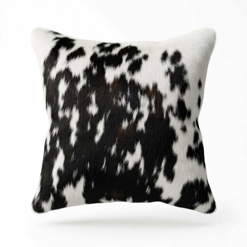 Cowhide cushion with suede reverse, 49cm by 49cm, by Cowhide Rugs London, featuring natural cowhide pattern and soft suede backing.