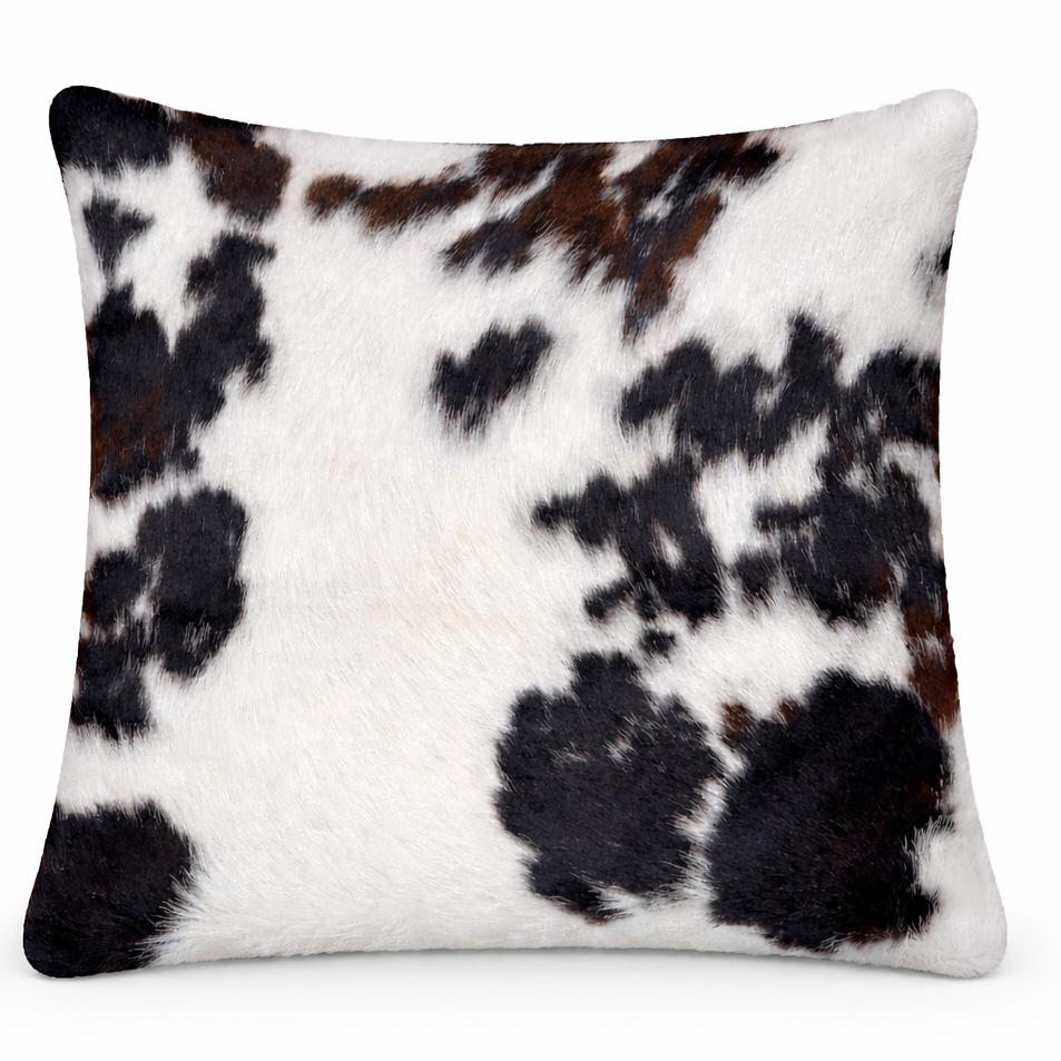 Cowhide cushion with reverse Suedette, square shape, 49cm x 49cm, natural cowhide pattern and soft suede texture.