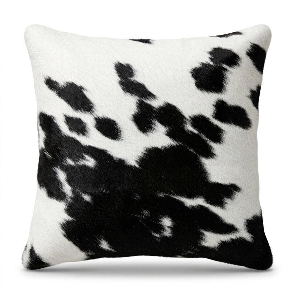 Cowhide cushion with suede reverse, 49cm x 49cm, by Cowhide Rugs London, featuring natural cowhide pattern and soft suede back.
