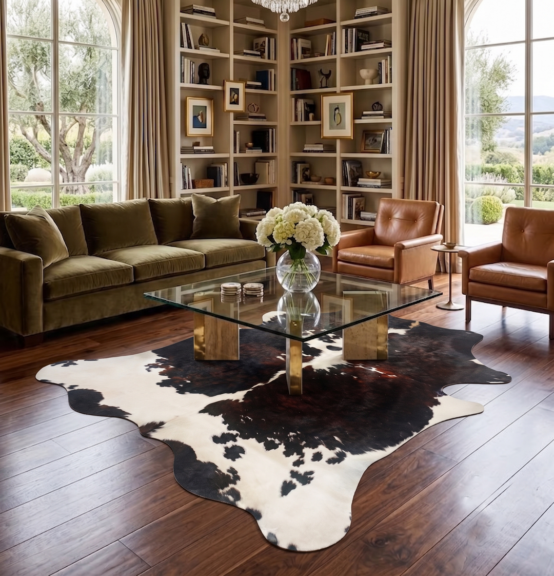 A styled living room featuring a large black brown and white cowhide area rug on dark wood floors, with a glass-top coffee table, olive green sofa, brown leather armchairs, and a built-in bookshelf in the background.