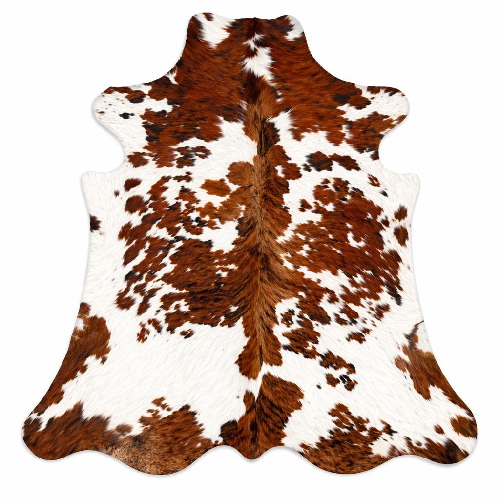 Large premium tricolour cowhide rug from Cowhide-Rugs-London, featuring natural cowhide with a distinctive tri-color pattern.