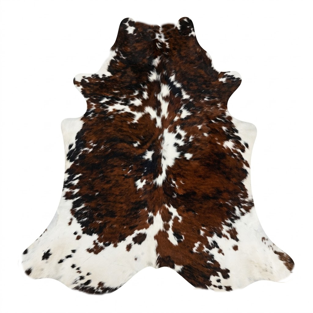 Brown and white cowhide rug on a white background