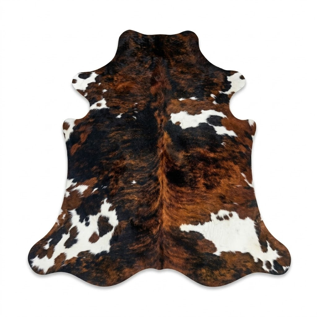 Brown and white cowhide rug on a white background