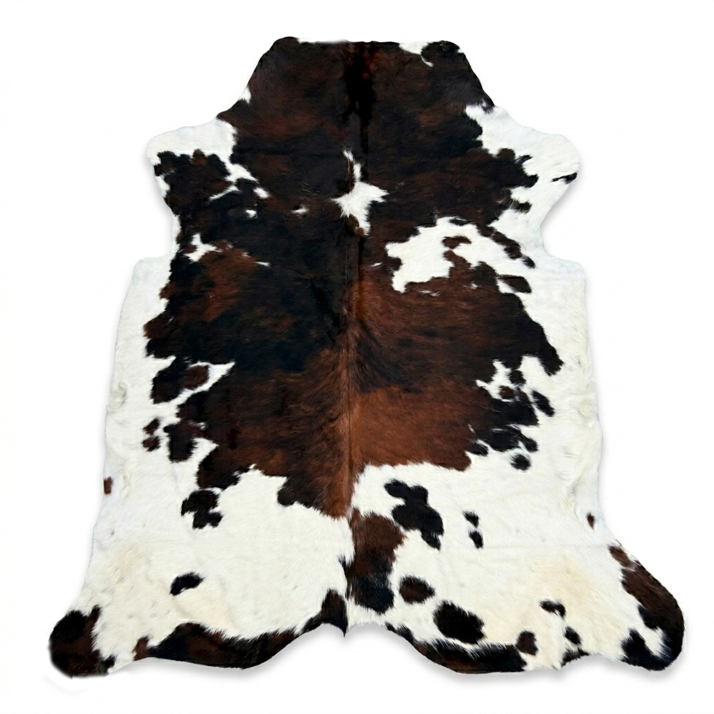 Brown, black, and white cowhide rug on a white background