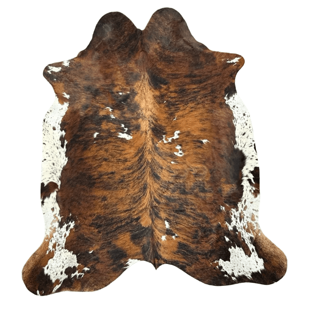 Large premium cowhide rug from Cowhide Rugs London, natural cowhide with a mix of white and brown patches, 245cm x 210cm.