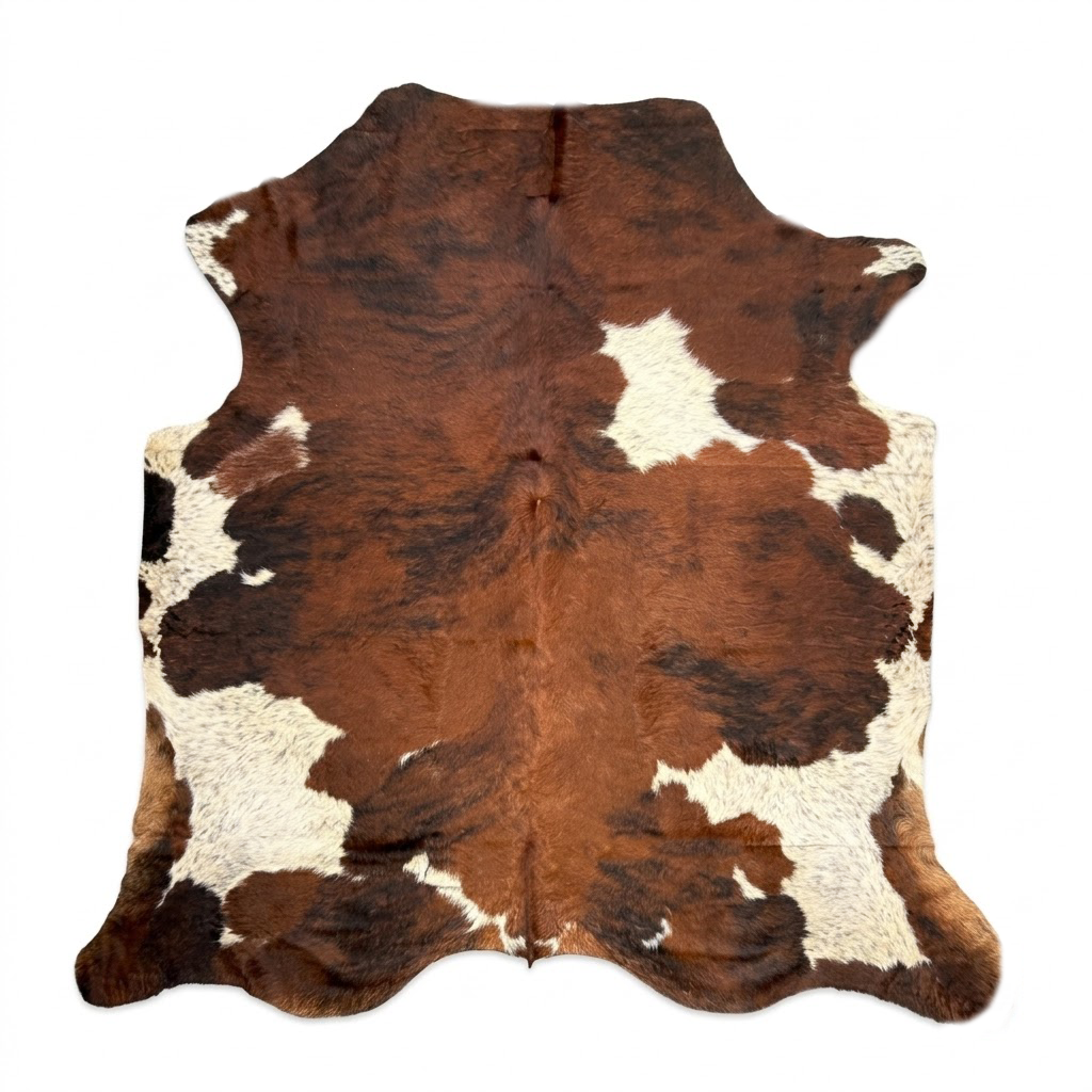 Brown and white cowhide rug on a white background
