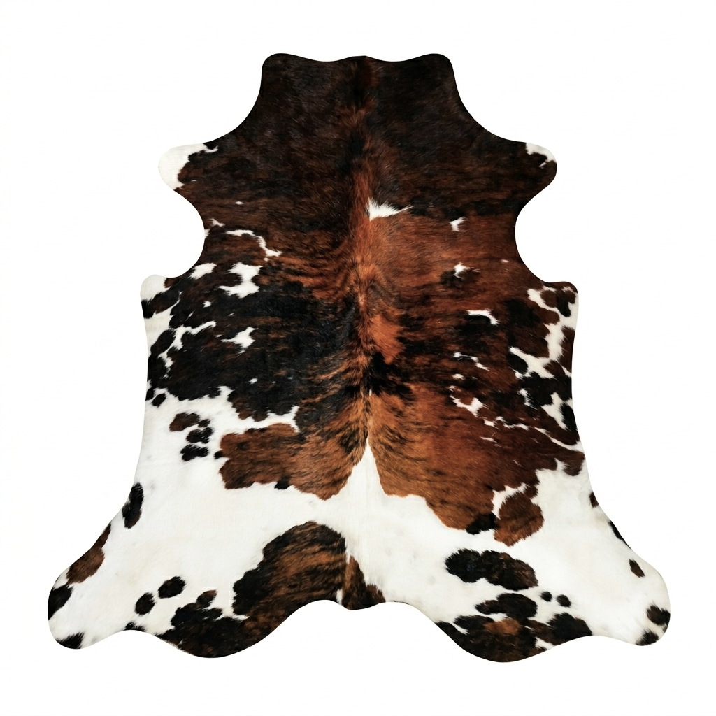 Cowhide rug with brown, black, and white pattern on a white background