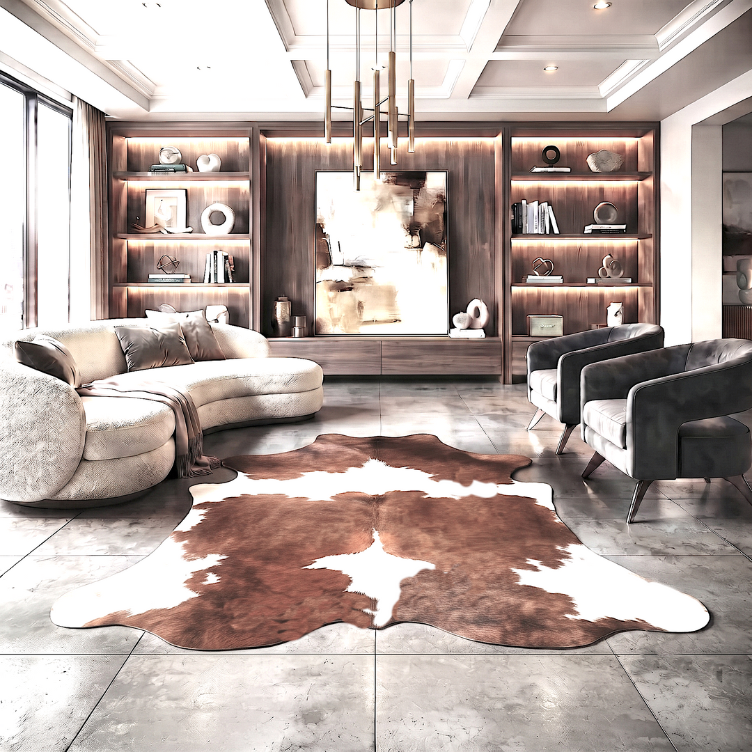 A modern living room featuring a large brown and white cowhide rug on a gray tiled floor, with a curved beige sofa, two dark gray armchairs, and a dark wood built-in shelving unit in the background.