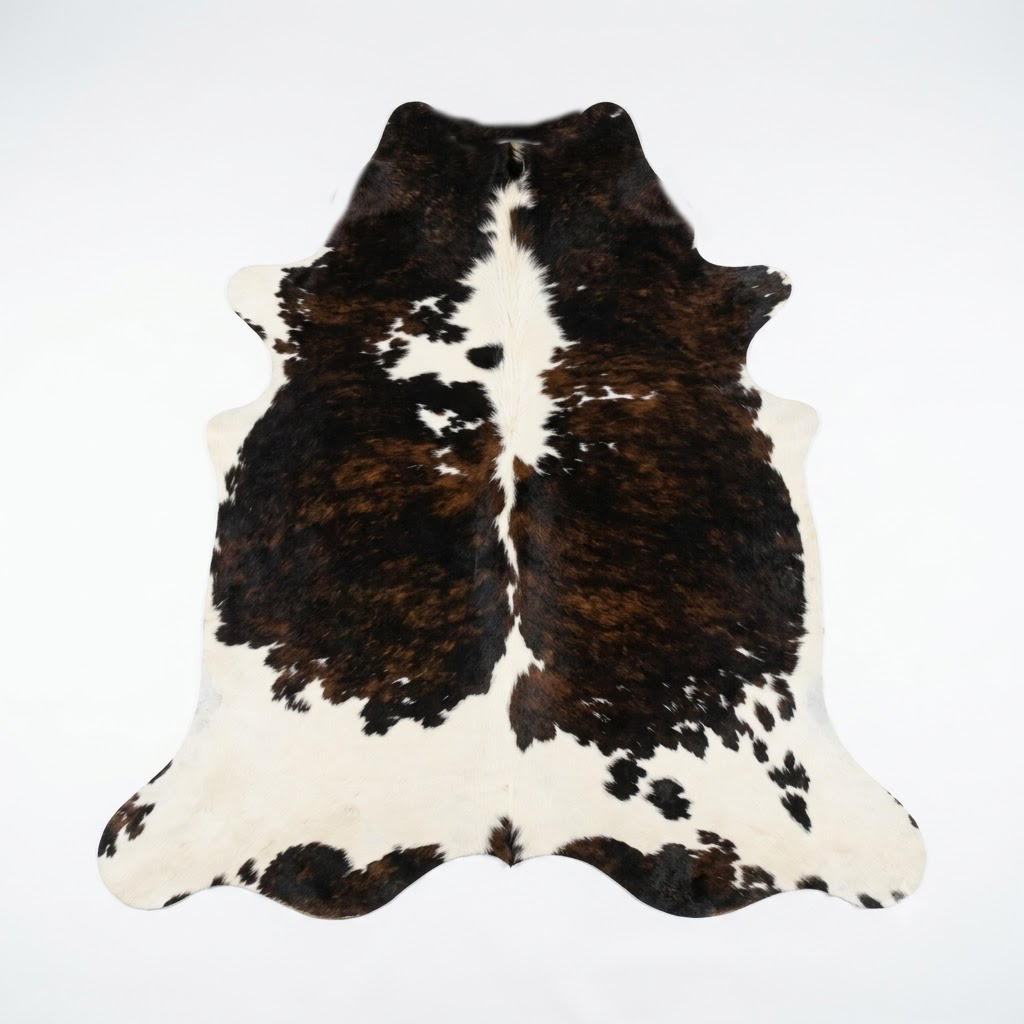 Brown and white cowhide rug on a light gray background
