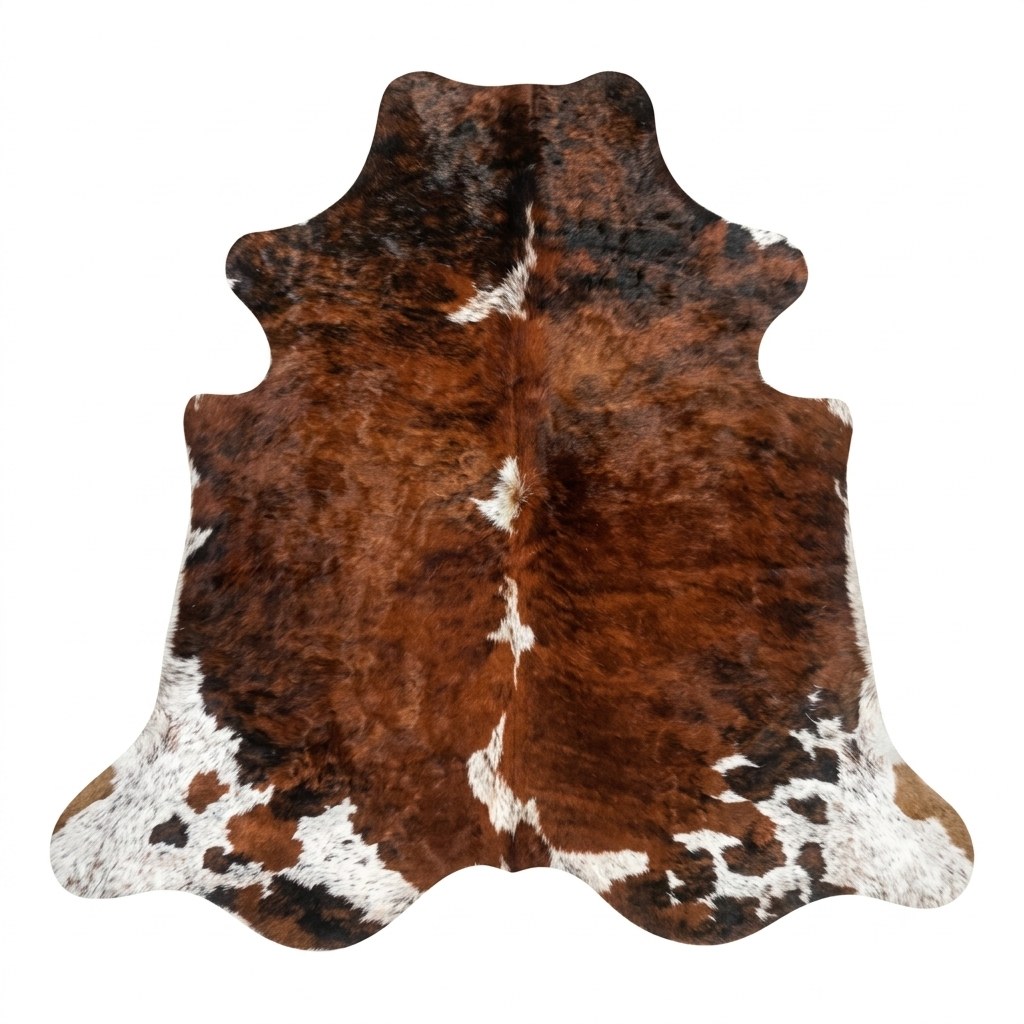 Brown and white cowhide rug on a white background