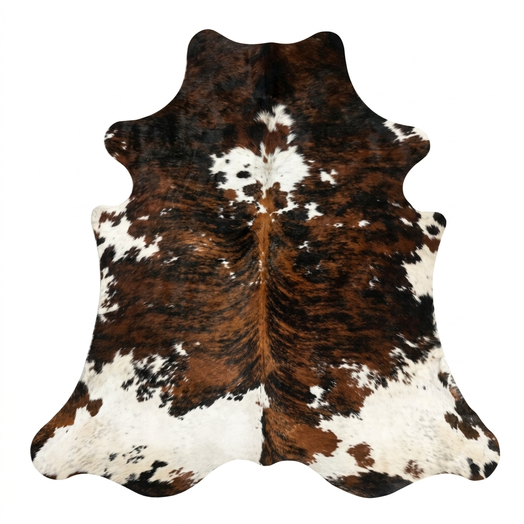 Brown and white cowhide rug on a white background