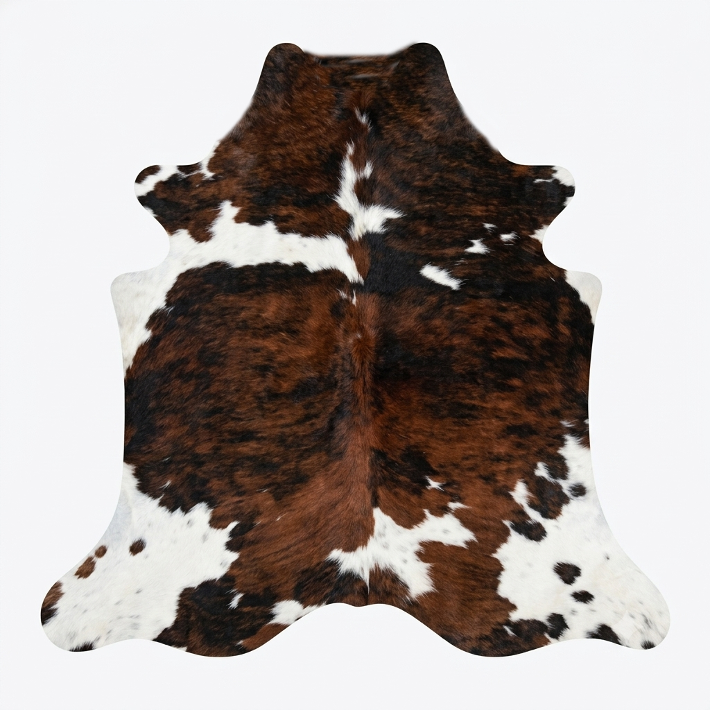 Brown and white cowhide rug on a white background