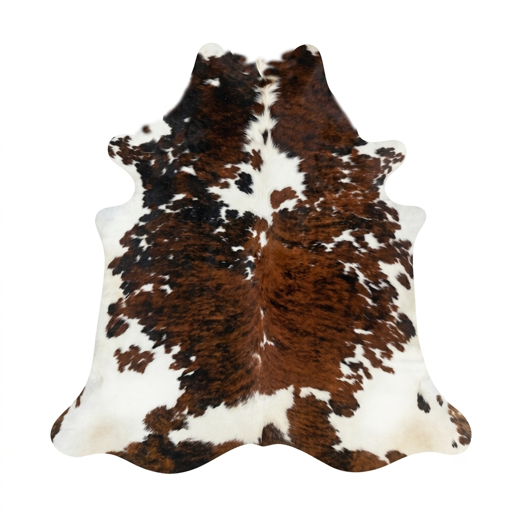 Brown and white cowhide rug on a white background