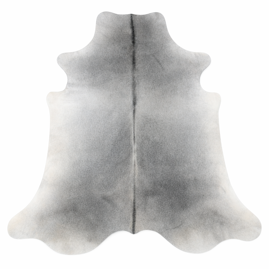 Large premium grey cowhide rug from Cowhide-Rugs-London, measuring 235x204cm with natural hide texture and soft, luxurious appearance.