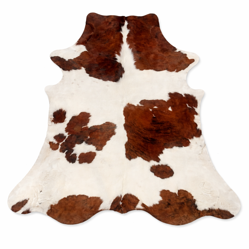 Extra large premium tricolour cowhide rug from Cowhide-Rugs-London, featuring natural brown, white, and black patterns, 257x216cm.
