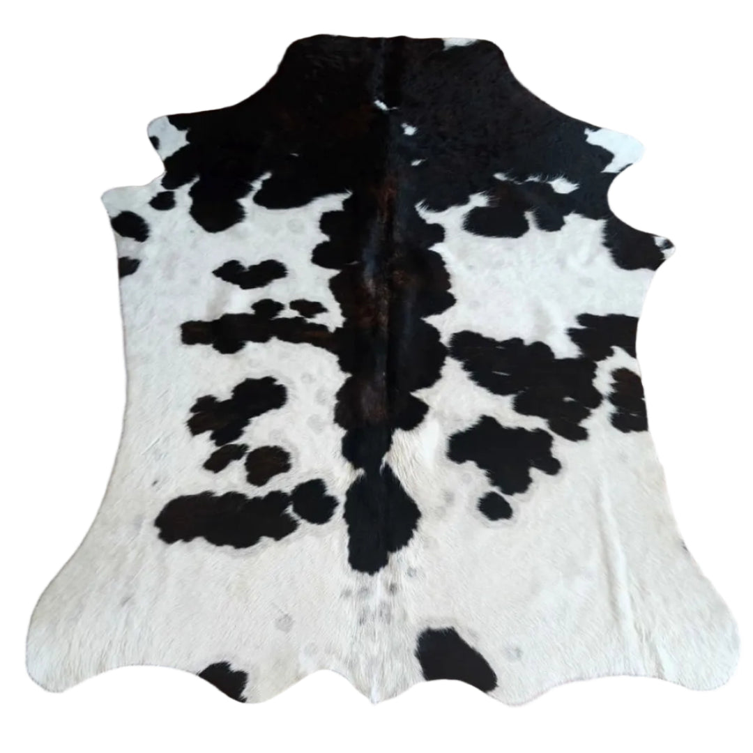 Natural cowhide rug with black and white patches, 170cm x 131cm, from Cowhide Rugs London.