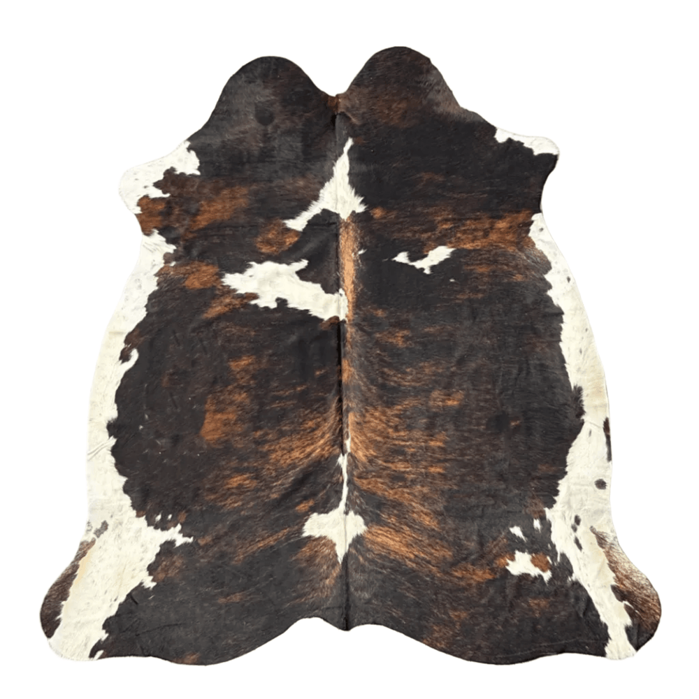 Large premium cowhide rug from Cowhide Rugs London, natural hide with a mix of brown and white tones, measuring 240cm by 215cm.