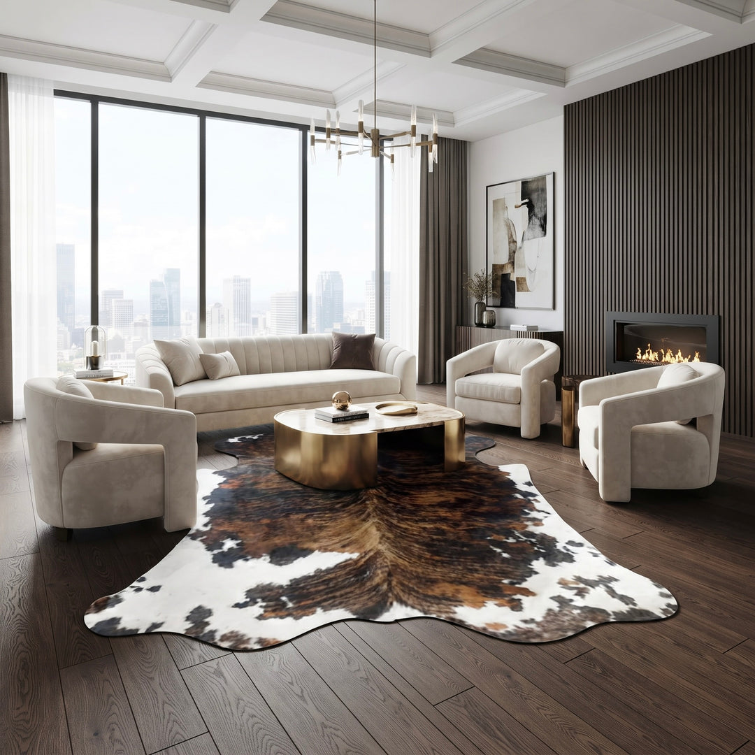 A modern living room with a large cowhide area rug, a round gold coffee table, a beige sofa, two cream armchairs, a fireplace, and dark wood flooring.