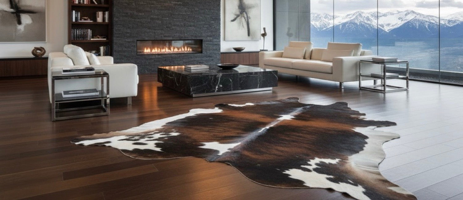 Natural brown, black  and white  cowhide rug lying flat on dark, polished hardwood floors in a luxury contemporary living room.