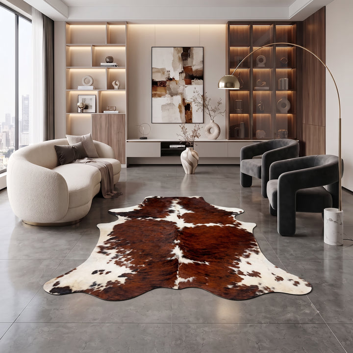 cowhide rug extra large tricolour in a living room