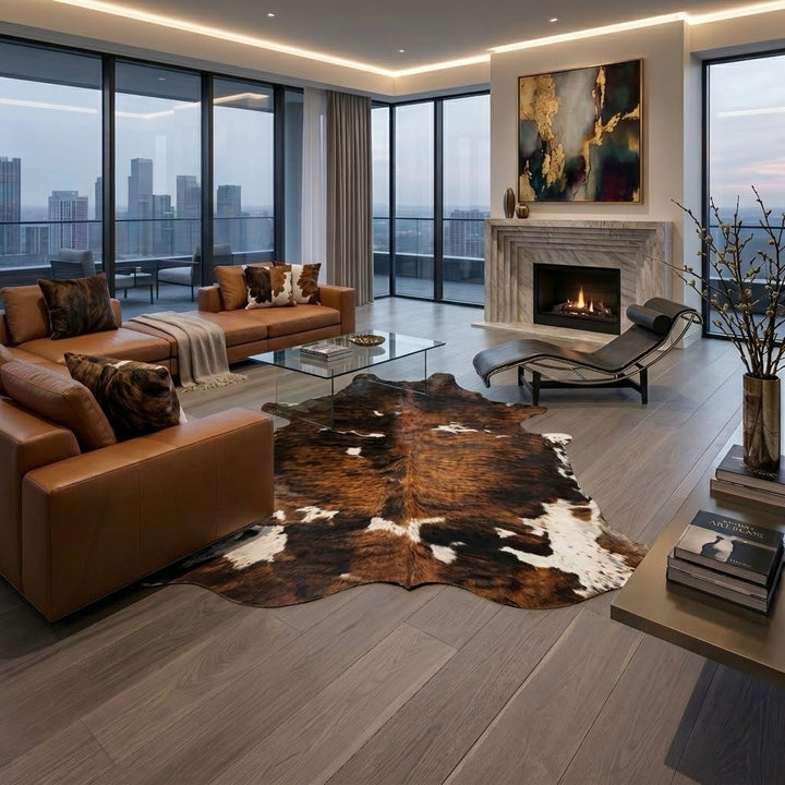 A modern living room with a large brown and white cowhide rug on gray wood floors, featuring a tan leather sectional sofa, a glass coffee table, a black chaise lounge, and a lit fireplace with a marble surround.