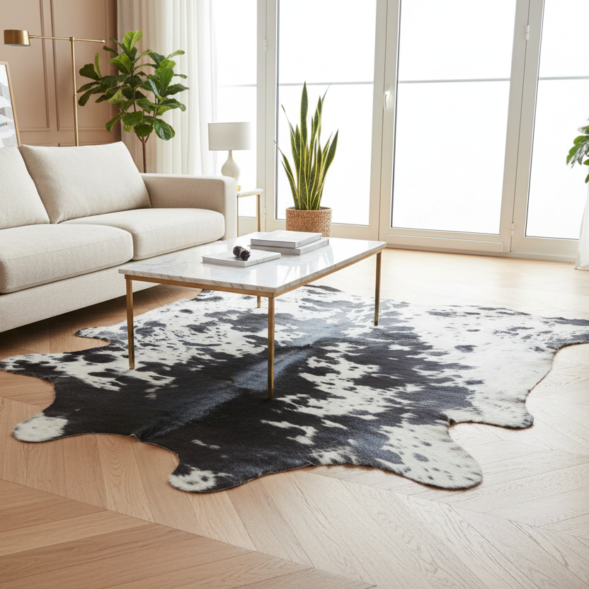 Black and white cowhide rug on a white background